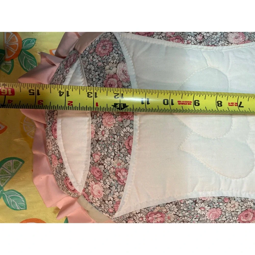 Cottagecore Unisex Vintage Quilted Patchwork Heart Ruffle Pillow 16in Pink Cream